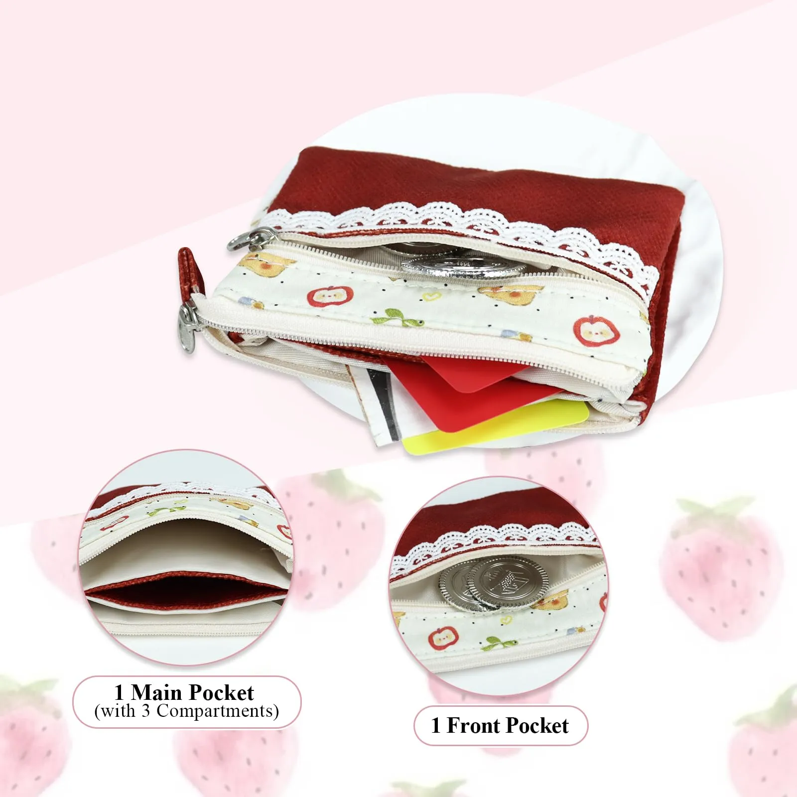 AfitLulu Piccolo portafoglio da donna in tela, 2 strati con cerniera, stile bohémien, rosso vivo, 13x10x1cm - immagine 3