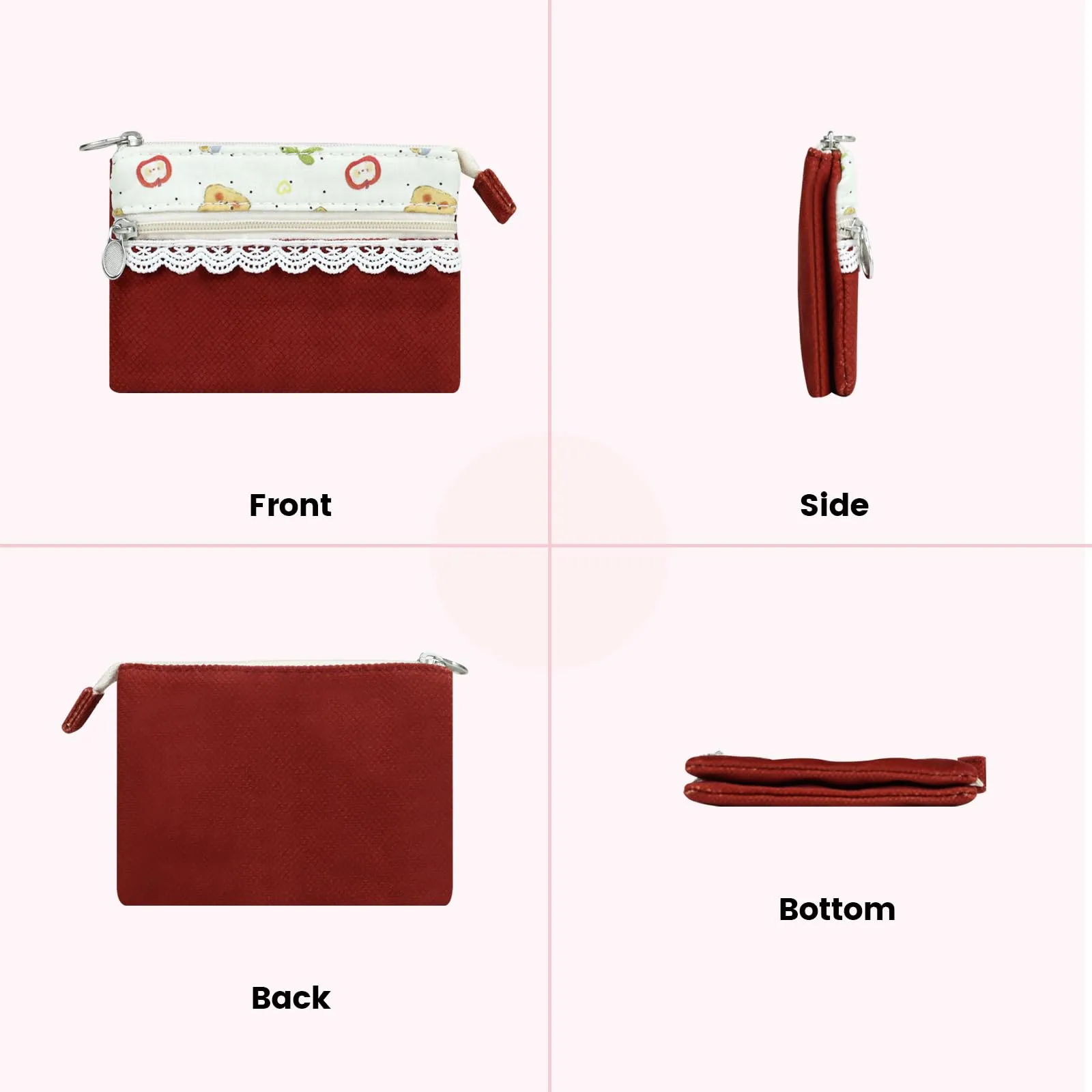 AfitLulu Piccolo portafoglio da donna in tela, 2 strati con cerniera, stile bohémien, rosso vivo, 13x10x1cm - immagine 5