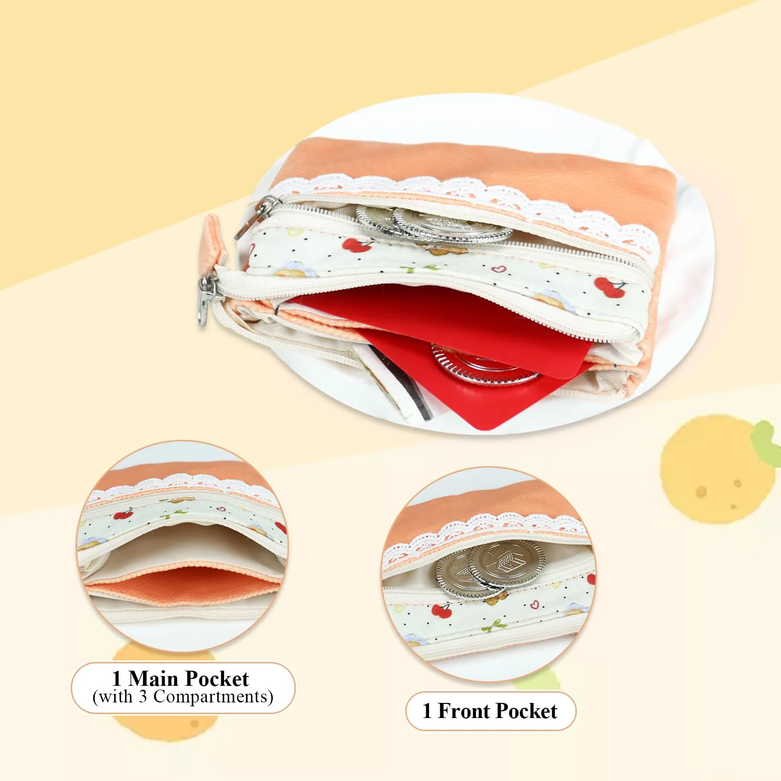 AfitLulu Portafoglio da donna in tela stile bohémien, 2 strati con cerniera, Arancione Caldo, 13x10x1cm - immagine 3