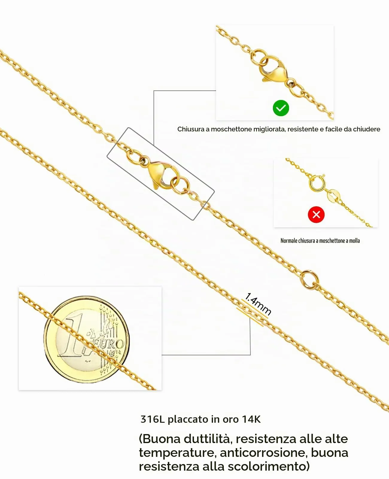 OSTAN Collana Catena d'ancora Donna Placcato Oro 14K 18K, 1,4 mm, 70-75 cm - immagine 4