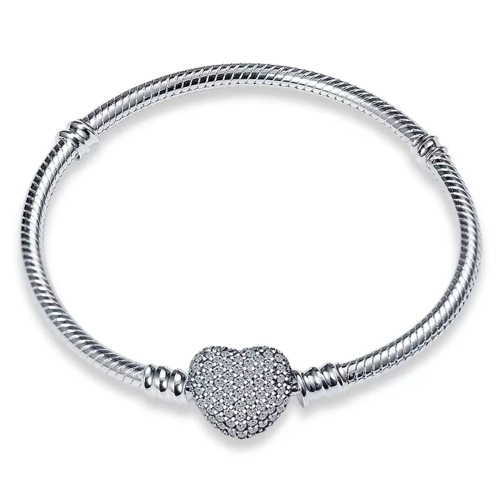 LNQOBU Bracciale in Argento Sterling Maglia Snake con Chiusura a Cuore Compatibile con Pandora e Charms Europei da Donna, 17 cm - immagine 1