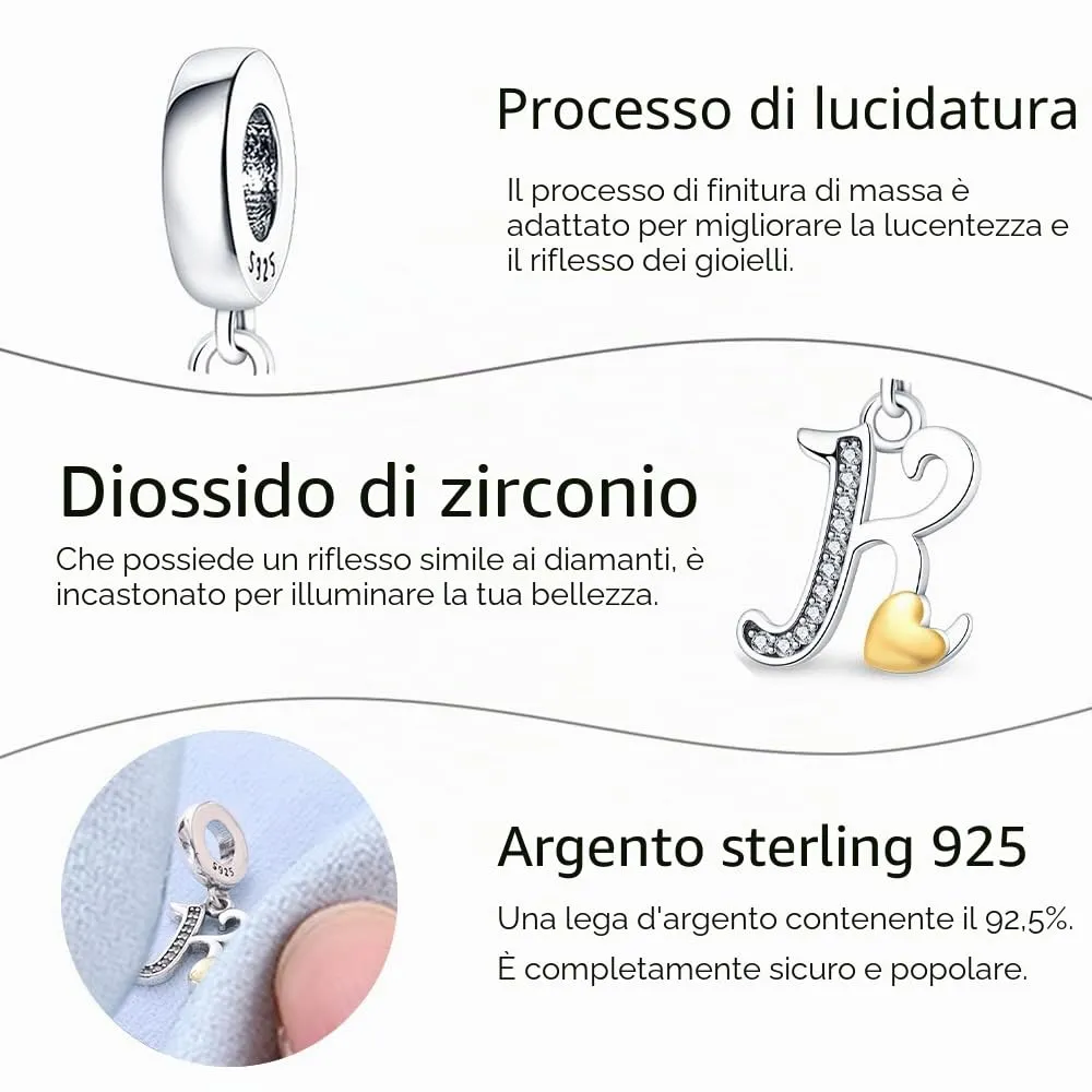 KUNSIR Ciondolo Lettere in Argento Sterling 925 con Cubic Zirconia per Braccialetti e Collane Europei - immagine 3