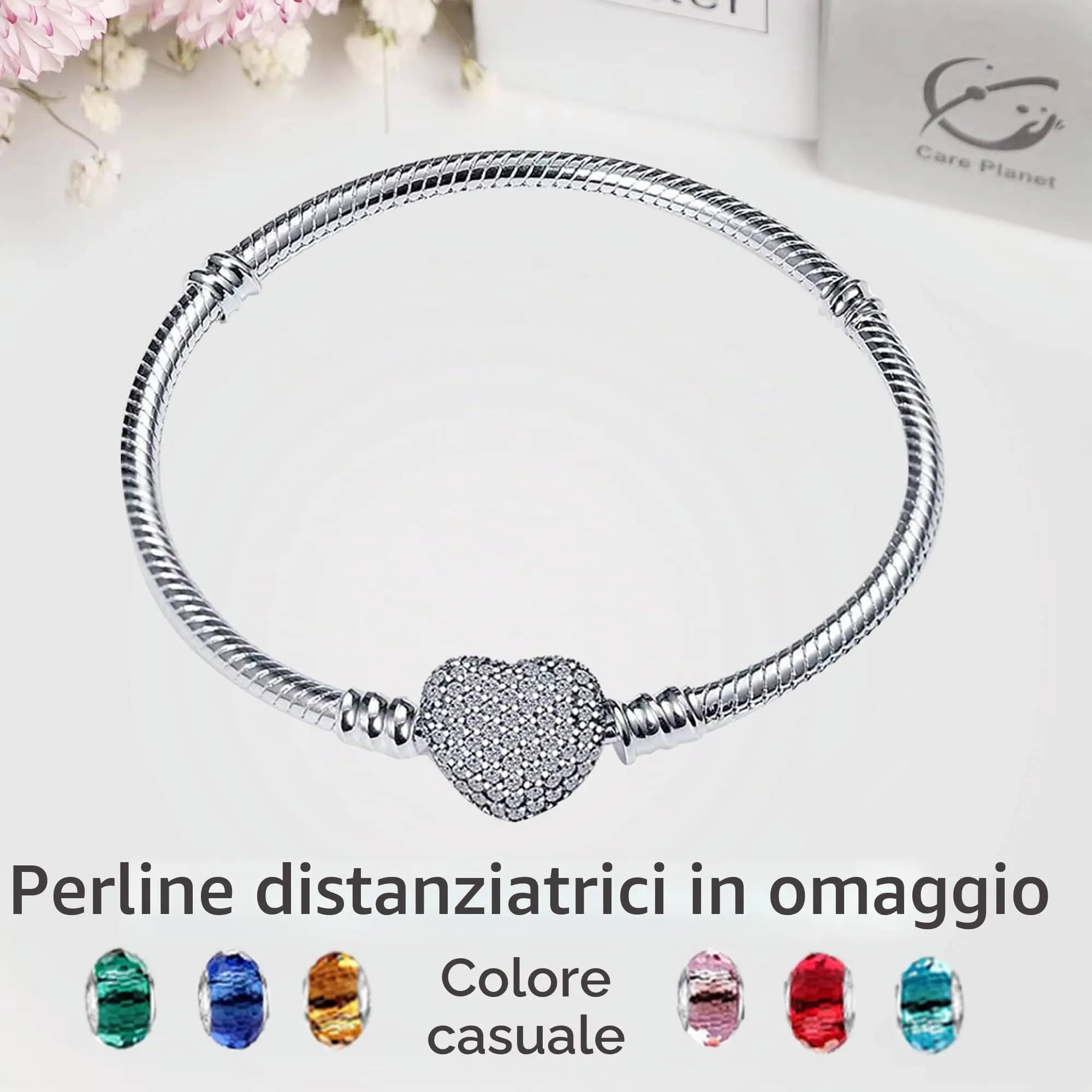 LNQOBU Bracciale in Argento Sterling con Maglia Snake e Chiusura a Cuore, Compatibile con Pandora European Charms da Donna, 18 cm - immagine 2