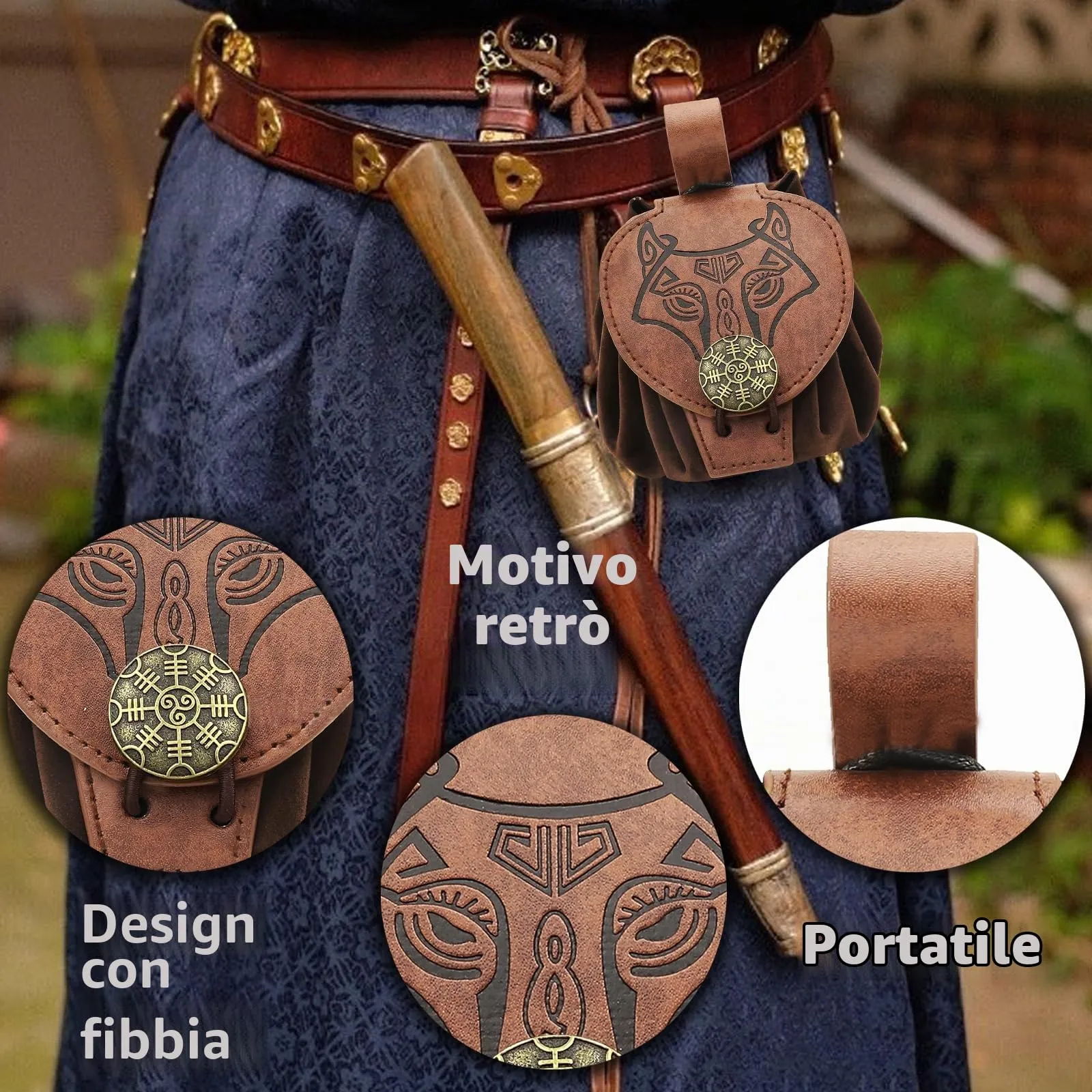 AUNGKWANG Marsupio Medievale in Pelle, Portamonete Portatile per Costumi Rinascimentali e Cosplay, Colore del Caffè - immagine 3