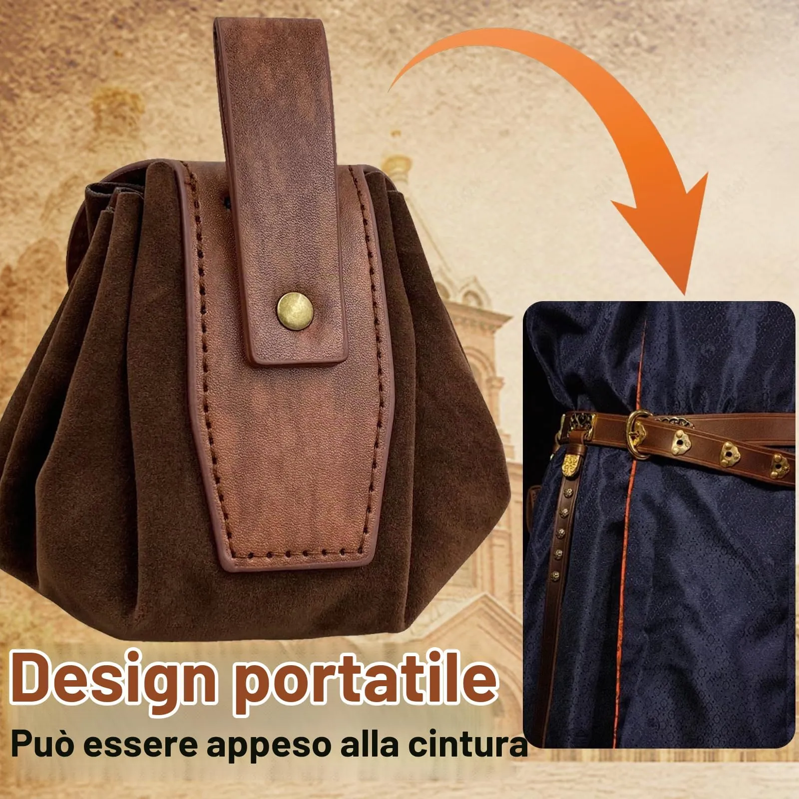 AUNGKWANG Marsupio Medievale in Pelle, Portamonete Portatile per Costumi Rinascimentali e Cosplay, Colore del Caffè - immagine 4