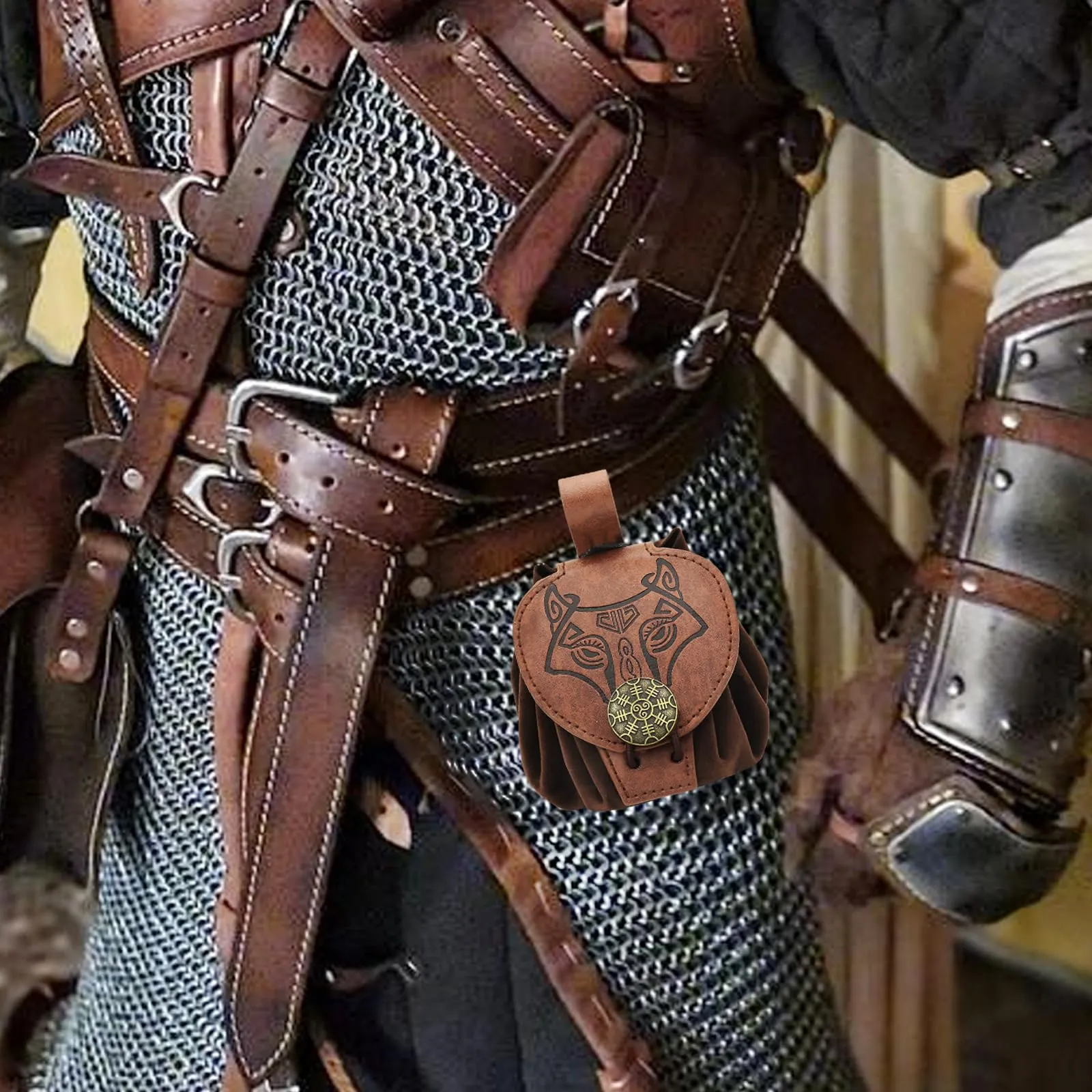 AUNGKWANG Marsupio Medievale in Pelle, Portamonete Portatile per Costumi Rinascimentali e Cosplay, Colore del Caffè - immagine 6