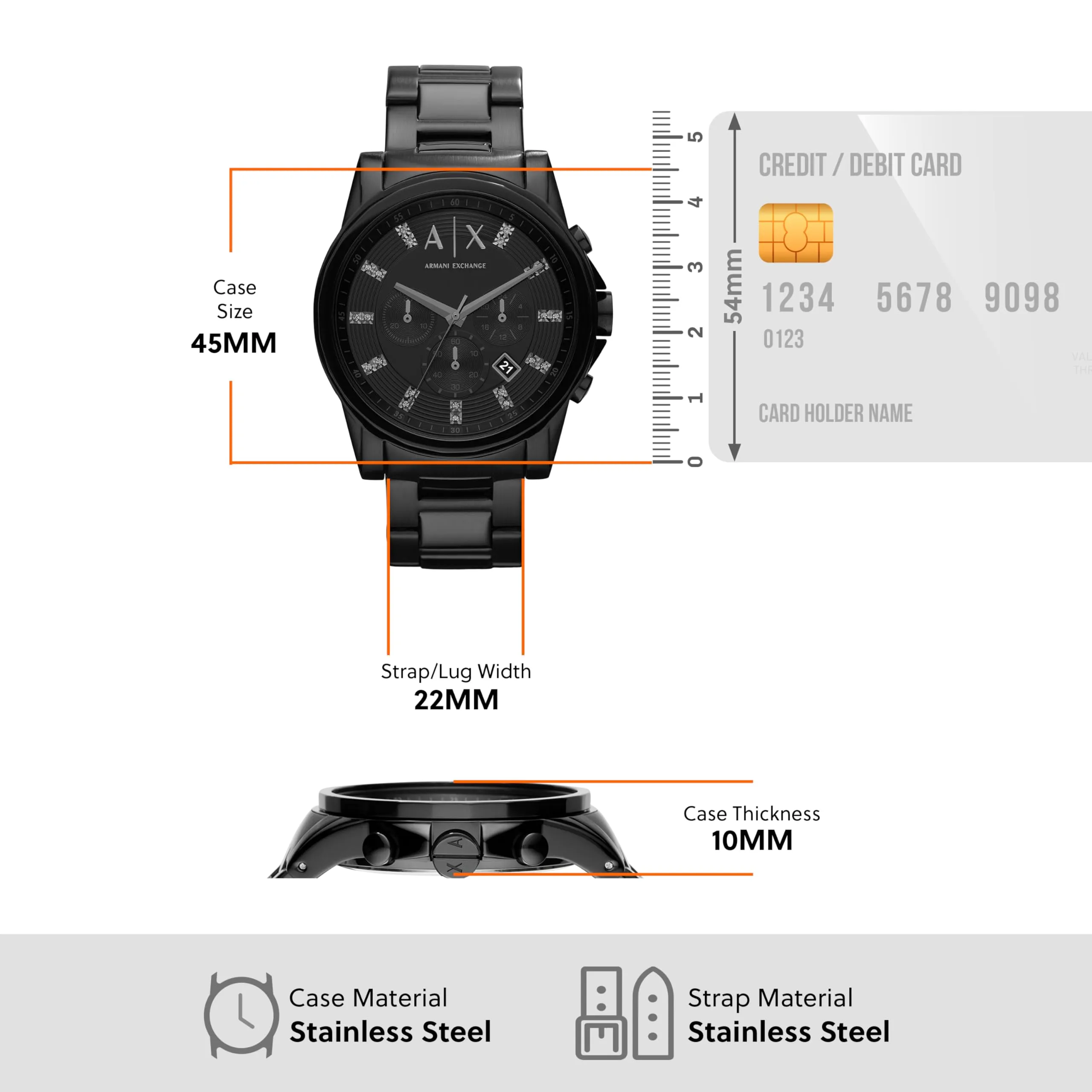 Armani Exchange AX2093 Orologio Cronografo da Uomo in Acciaio Inossidabile Nero, 45 mm, Grafite e Nero - immagine 3