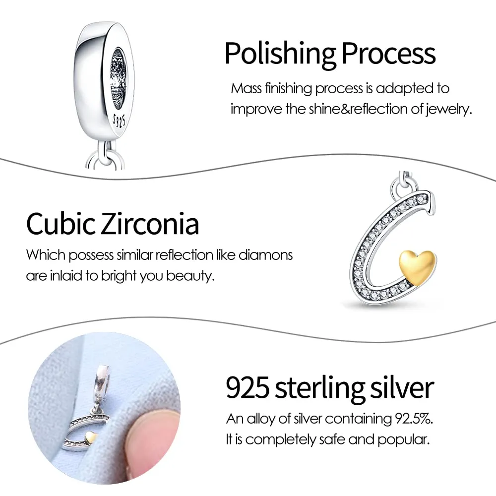 KUNSIR Ciondolo Lettere in Argento Sterling 925 con Cubic Zirconia per Braccialetti e Collane Europei - immagine 3