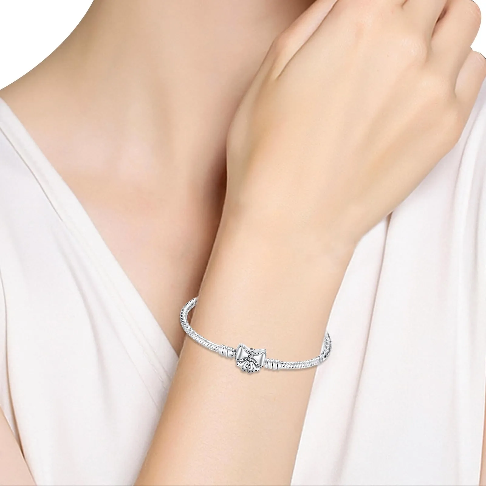 LNQOBU Bracciale in Argento con maglia Snake e chiusura a cuore Compatibile con Pandora Europei Charms da Donna - immagine 3