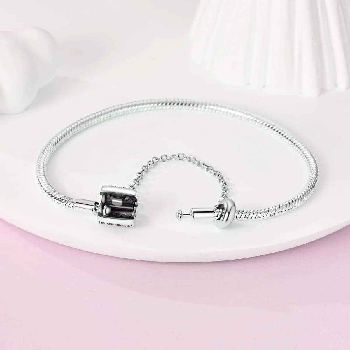 LNQOBU Bracciale in Argento Maglia Snake con Chiusura a Cuore Compatibile con Pandora Europei Charms da Donna - immagine 5