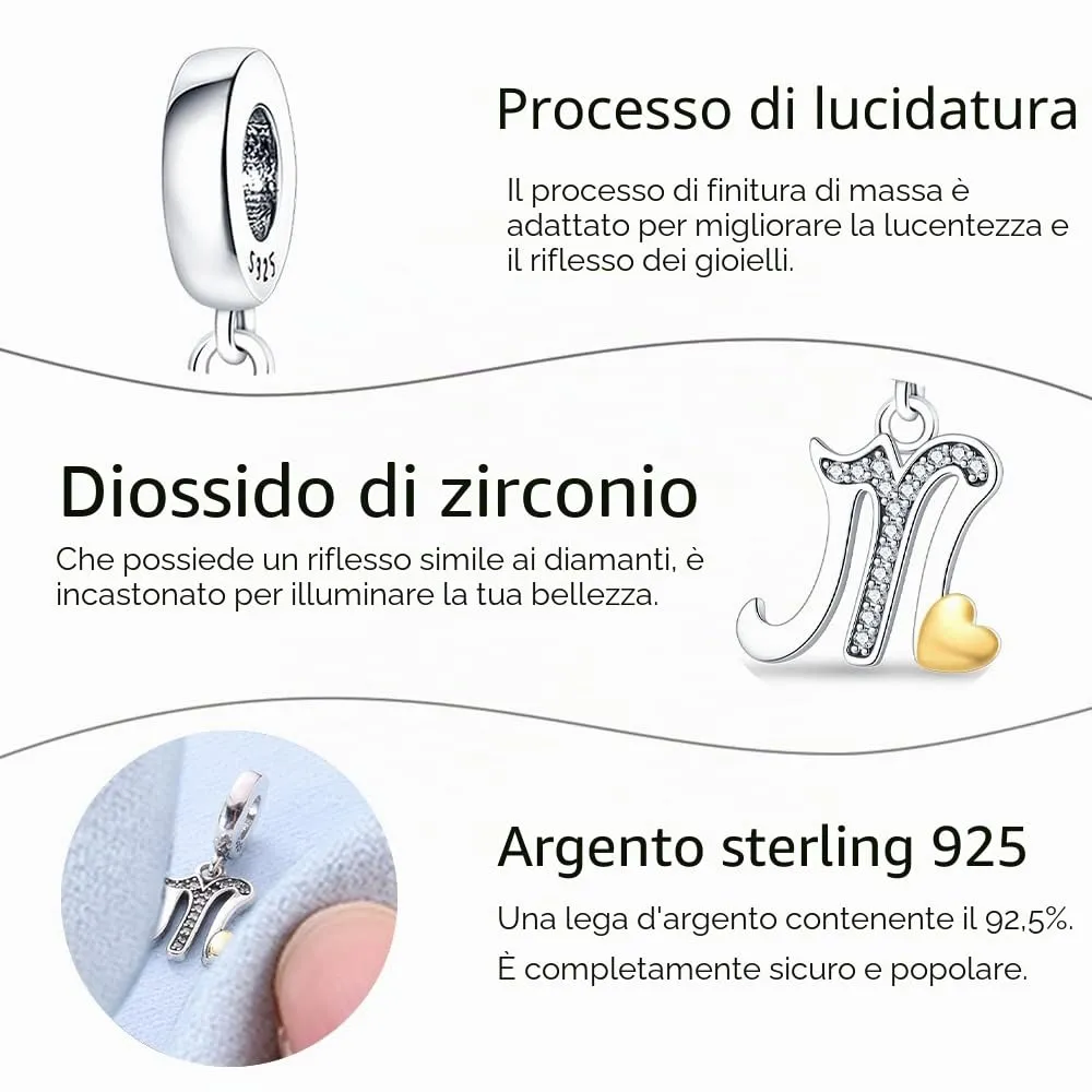 KUNSIR Ciondolo Lettere in Argento Sterling 925 e Cubic Zirconia per Braccialetti e Collane Europei - immagine 3