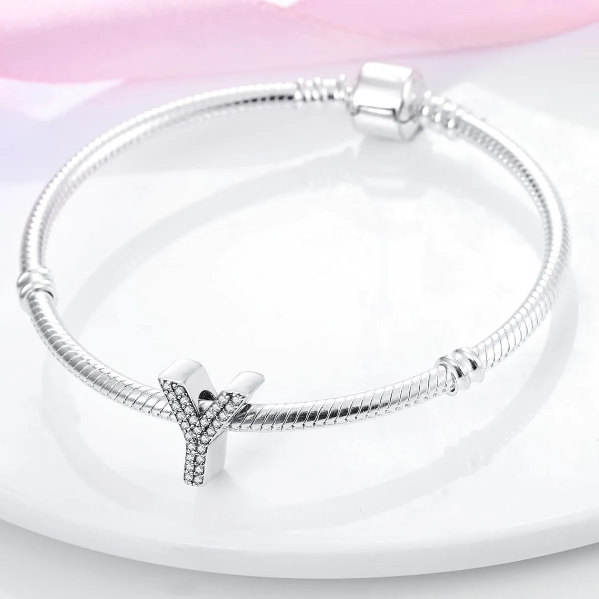 KUNSIR Ciondolo Lettere in Argento Sterling 925 con Cubic Zirconia, Compatibile con Braccialetti e Collane Europei - immagine 3