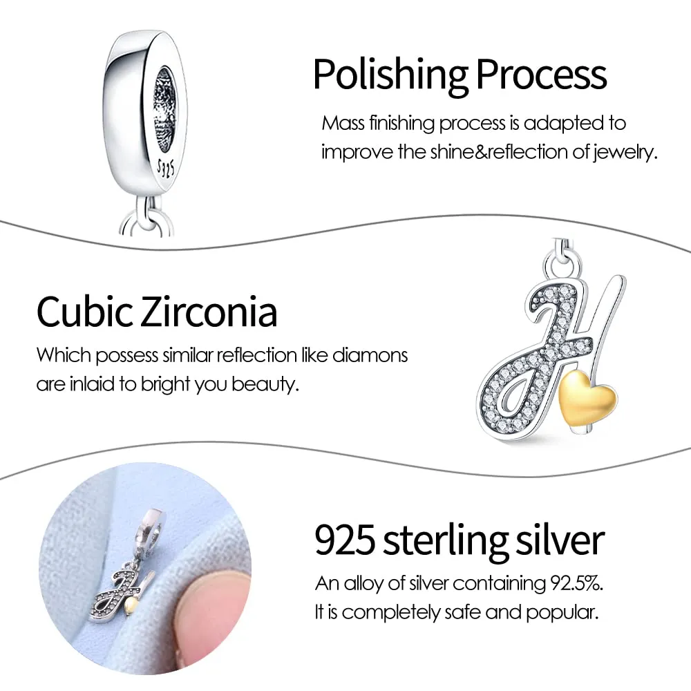 KUNSIR Ciondolo Lettere in Argento Sterling 925 con Cubic Zirconia, Compatibile con Braccialetti e Collane Europei - immagine 3