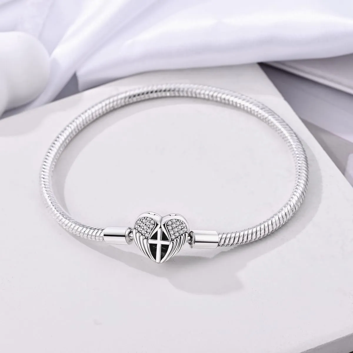 LNQOBU Bracciale in Argento Sterling Snake con Chiusura a Cuore Compatibile con Pandora e Charms Europei da Donna, 19 cm - immagine 2