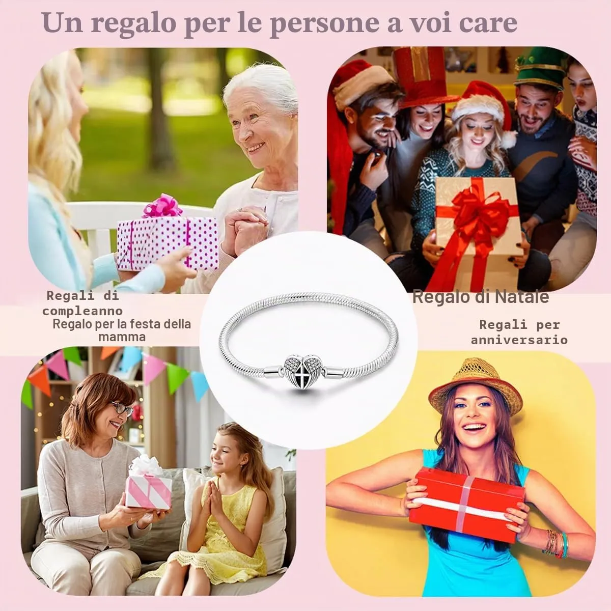 LNQOBU Bracciale in Argento Sterling Maglia Snake con Chiusura a Cuore Compatibile con Pandora European Charms da Donna, 18 cm - immagine 6