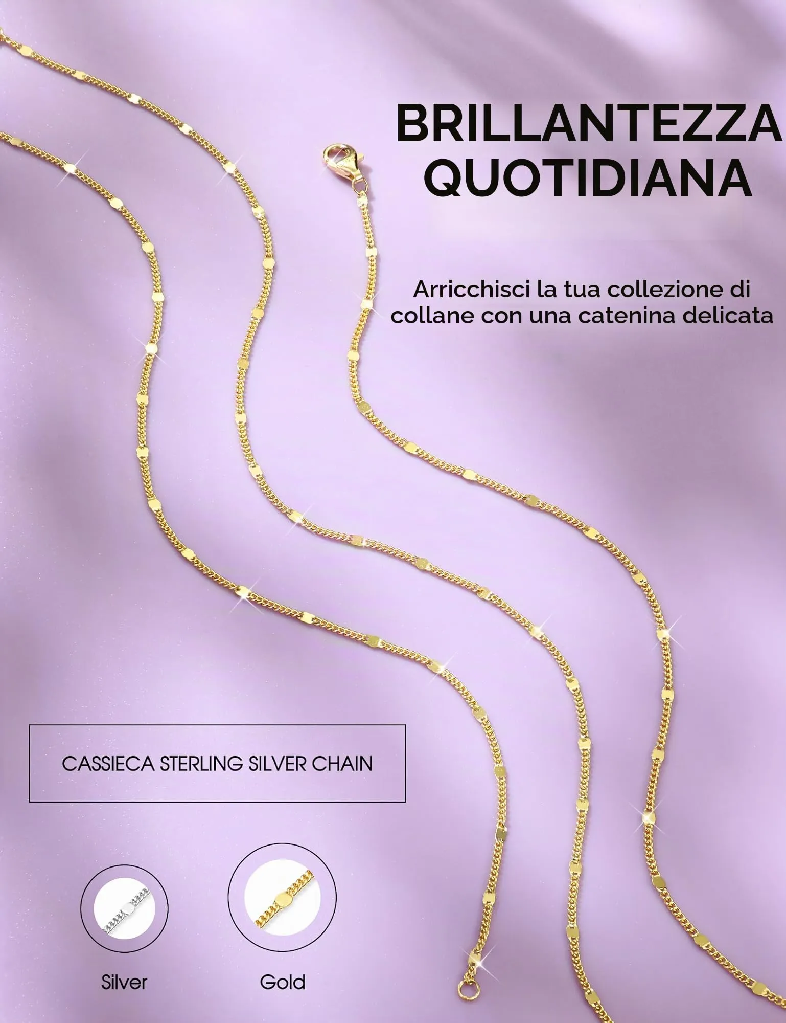 CASSIECA Collana Argento 925 Placcata Oro 18K con Disco, 1,2mm, 41cm - immagine 4