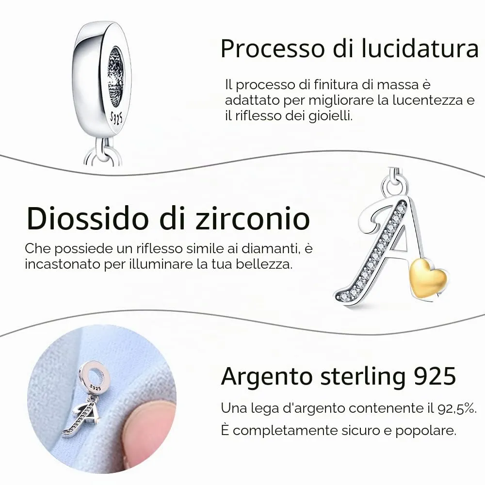 KUNSIR Bead Charm Lettere in Argento Sterling 925 con Cubic Zirconia per Braccialetti e Collane Europei - immagine 3