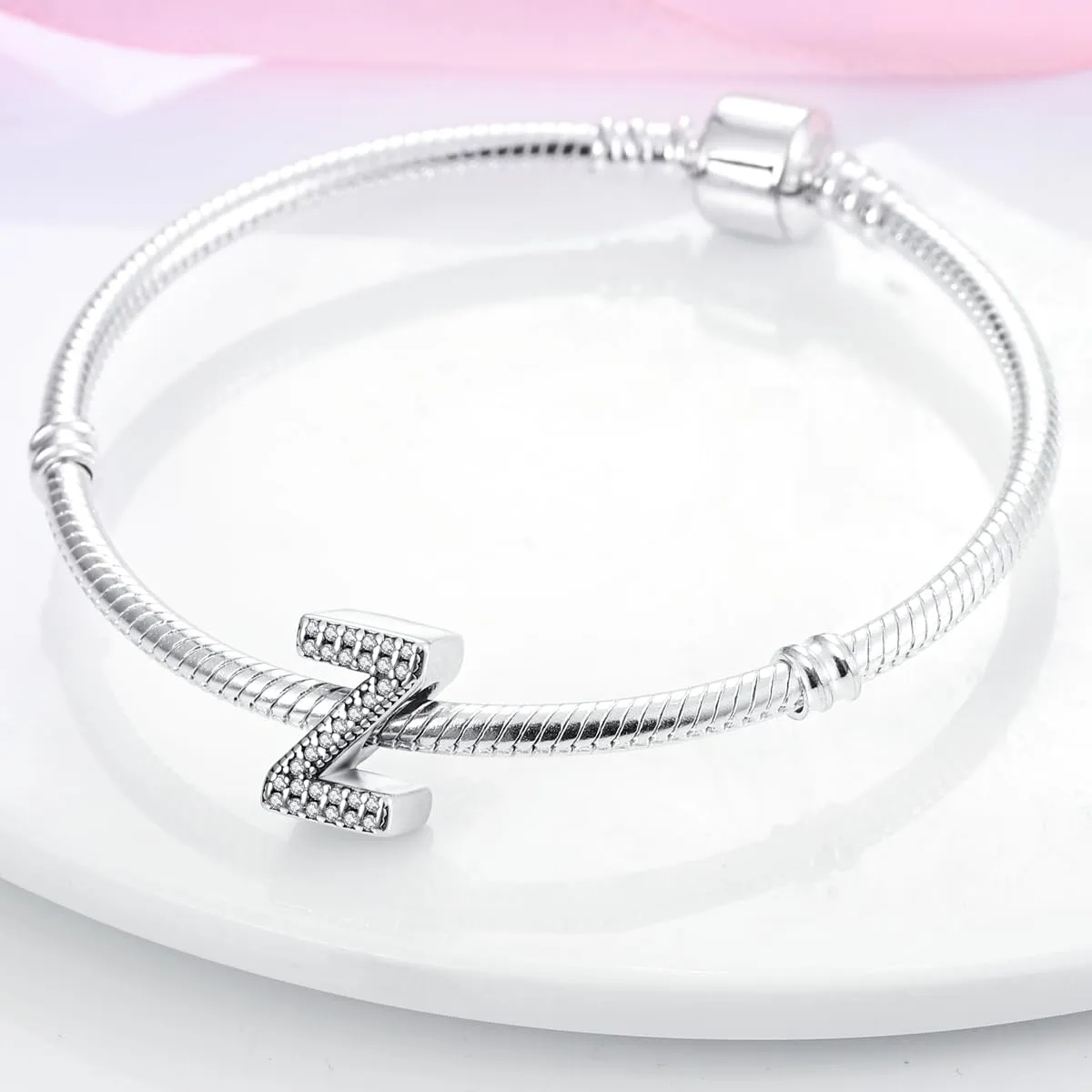 KUNSIR Ciondolo Lettere in Argento Sterling 925 con Cubic Zirconia, Compatibile con Braccialetti e Collane Europei - immagine 3