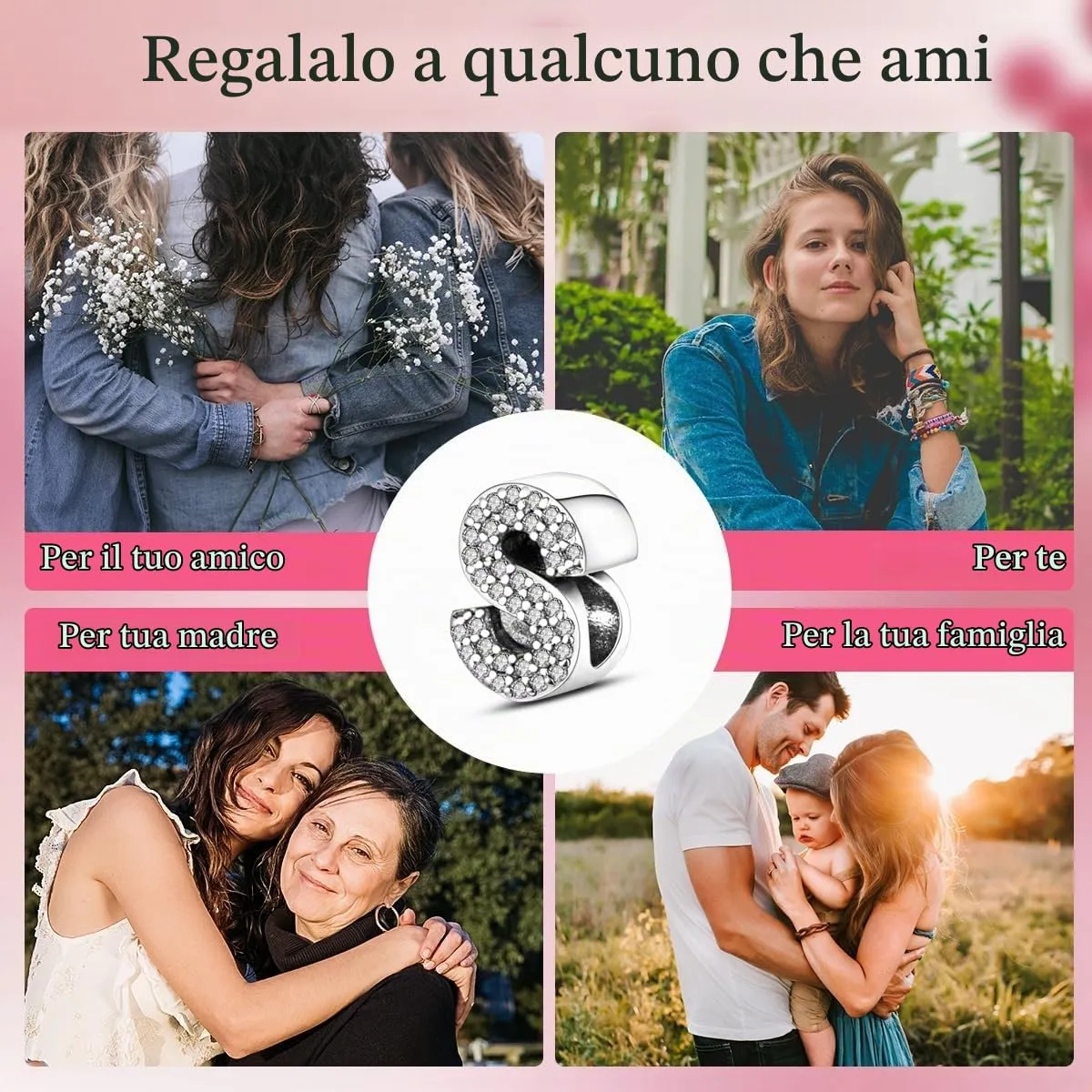 KUNSIR Bead Charm Ciondolo Argento Sterling 925 Lettere con Cubic Zirconia per Braccialetti e Collane Europei - immagine 7