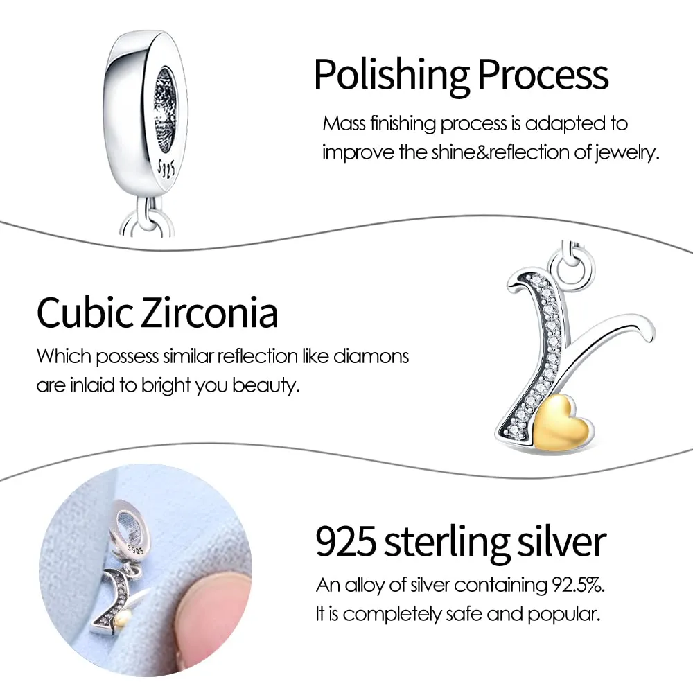 KUNSIR Ciondolo Lettere in Argento Sterling 925 con Cubic Zirconia per Braccialetti e Collane Europei - immagine 3