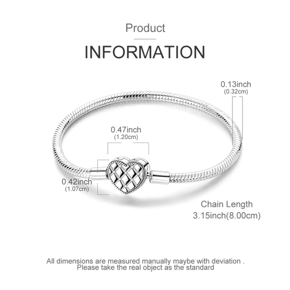 LNQOBU Bracciale in Argento Sterling Snake con chiusura a cuore, compatibile con Pandora Europei Charms da Donna, 20 cm - immagine 5
