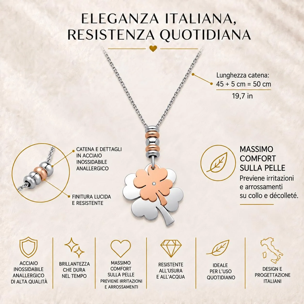 Dada Gioielli Collana Donna Portafortuna Quadrifoglio Stella Cuore con Zircone 45+5 cm - immagine 4