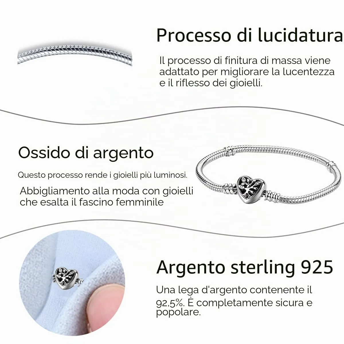 LNQOBU Bracciale in Argento Sterling con maglia Snake e chiusura a cuore, Compatibile con Pandora e Charms Europei da Donna, 18 cm - immagine 4