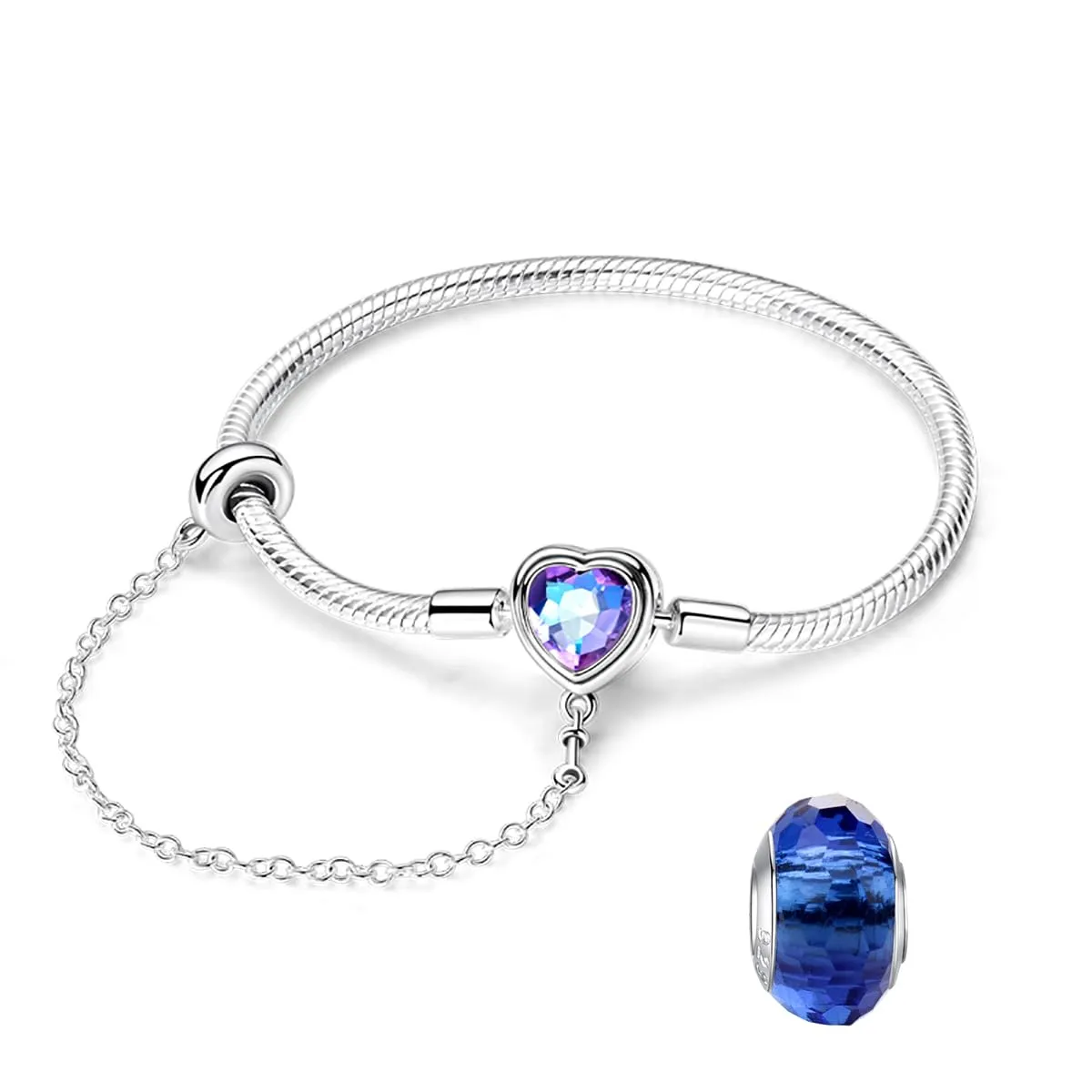 LNQOBU Bracciale in Argento Sterling Maglia Snake con Chiusura a Cuore Compatibile con Pandora Charms Europei da Donna, 18 cm - immagine 1