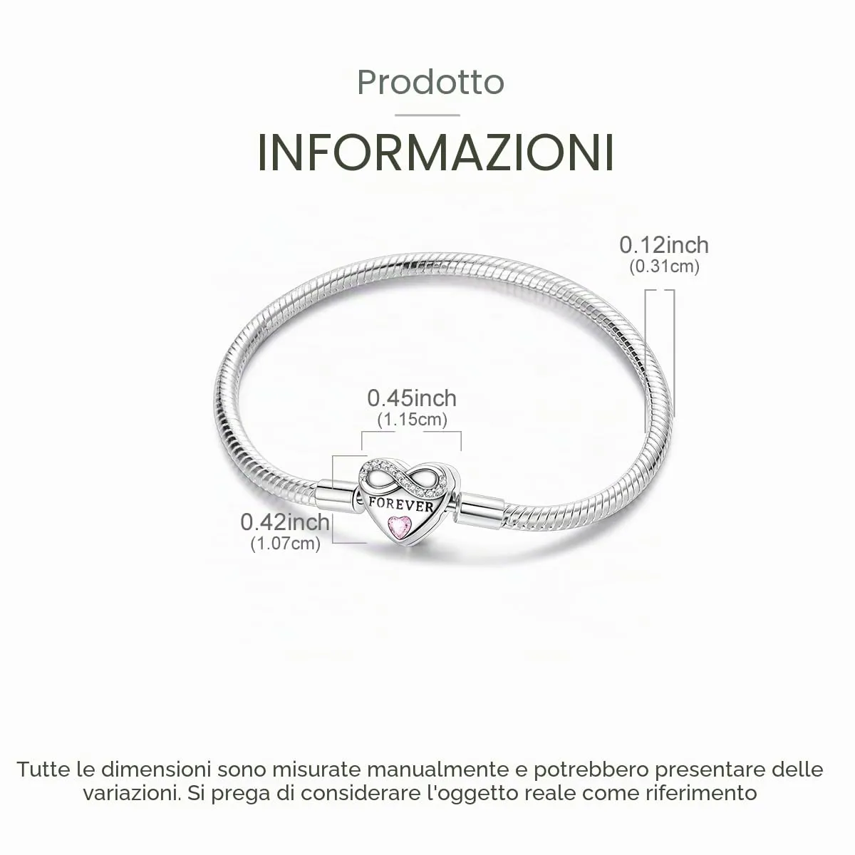 LNQOBU Bracciale in Argento Sterling con Maglia Snake e Chiusura a Cuore, Compatibile con Pandora e Charms Europei da Donna, 17 cm - immagine 5