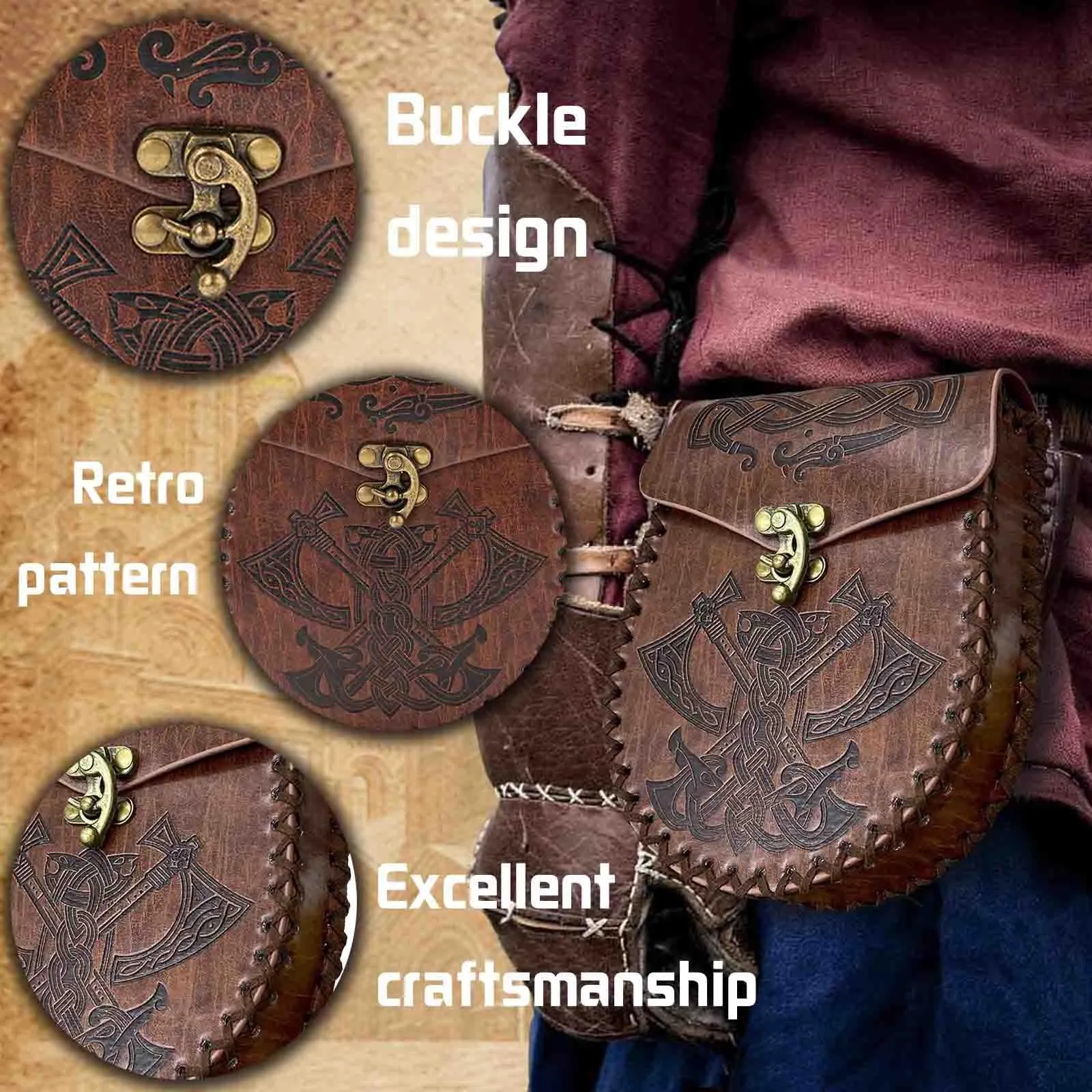 AUNGKWANG Marsupio Medievale in Pelle PU per Cintura, Accessori Cosplay Rinascimentali, Modello di Ascia - immagine 3