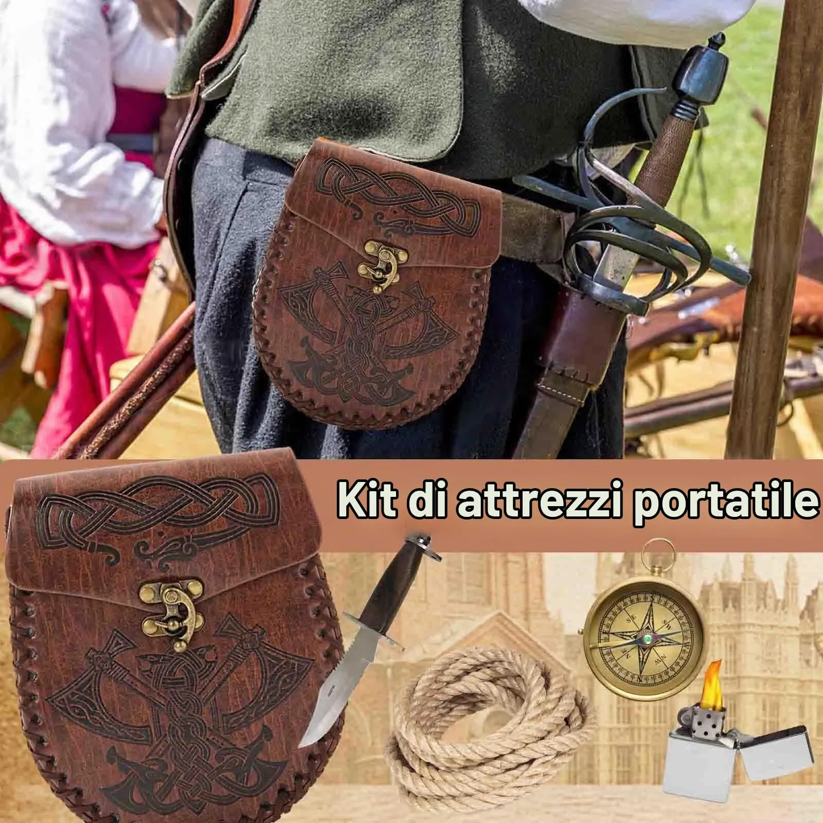 AUNGKWANG Marsupio Medievale in Pelle PU per Cintura, Accessori Cosplay Rinascimentali, Modello di Ascia - immagine 5