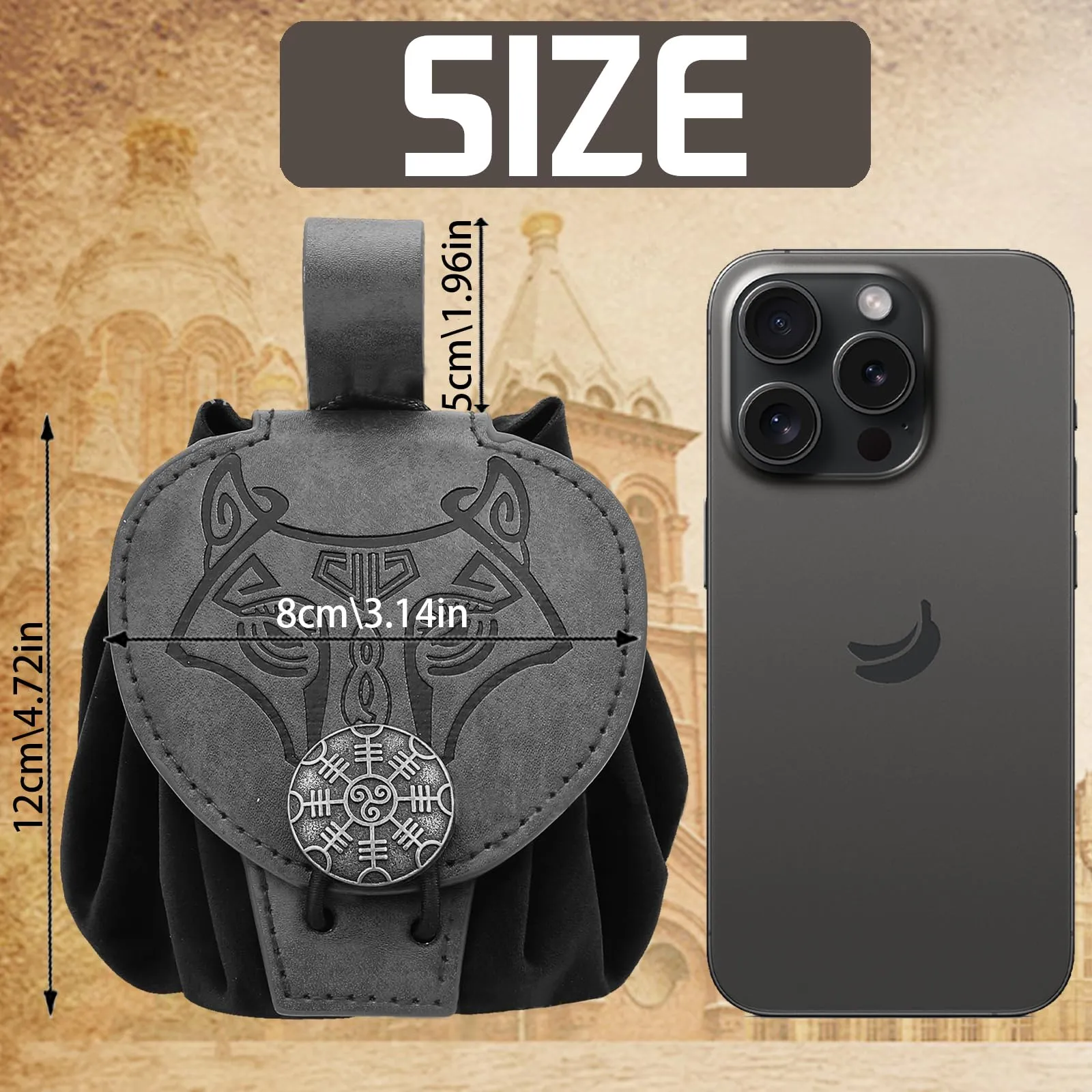 AUNGKWANG Marsupio Medievale in Pelle, Portamonete Portatile per Costumi Rinascimentali e Cosplay (Nero) - immagine 2