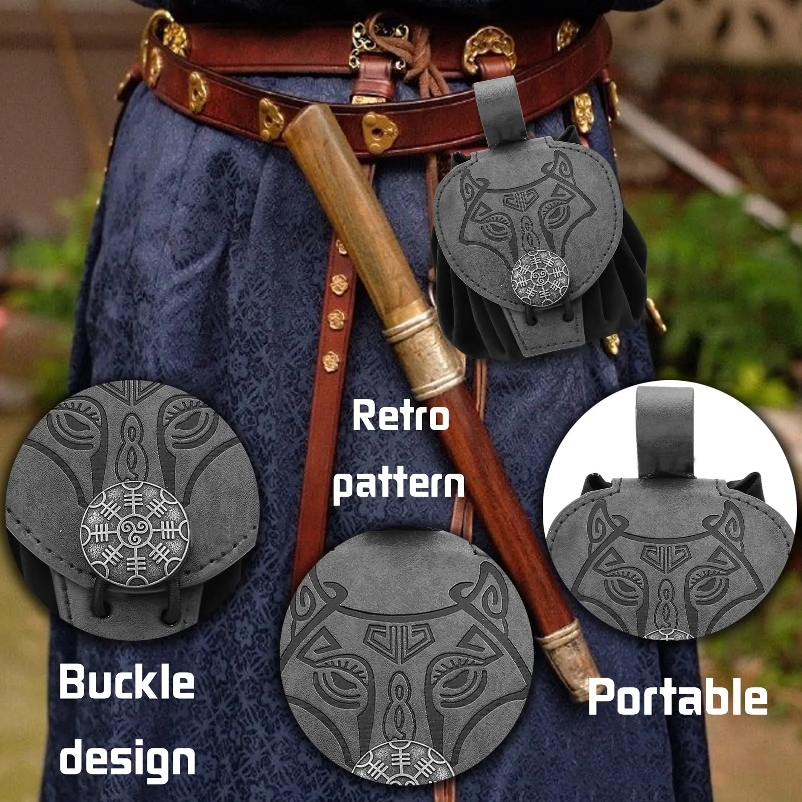 AUNGKWANG Marsupio Medievale in Pelle, Portamonete Portatile per Costumi Rinascimentali e Cosplay (Nero) - immagine 3