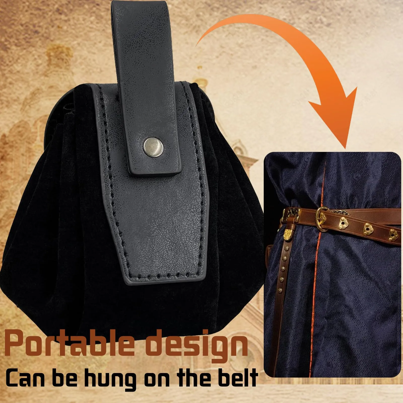 AUNGKWANG Marsupio Medievale in Pelle, Portamonete Portatile per Costumi Rinascimentali e Cosplay (Nero) - immagine 4