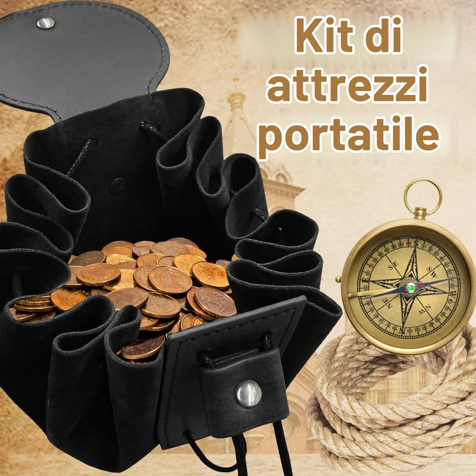 AUNGKWANG Marsupio Medievale in Pelle, Portamonete Portatile per Costumi Rinascimentali e Cosplay (Nero) - immagine 5