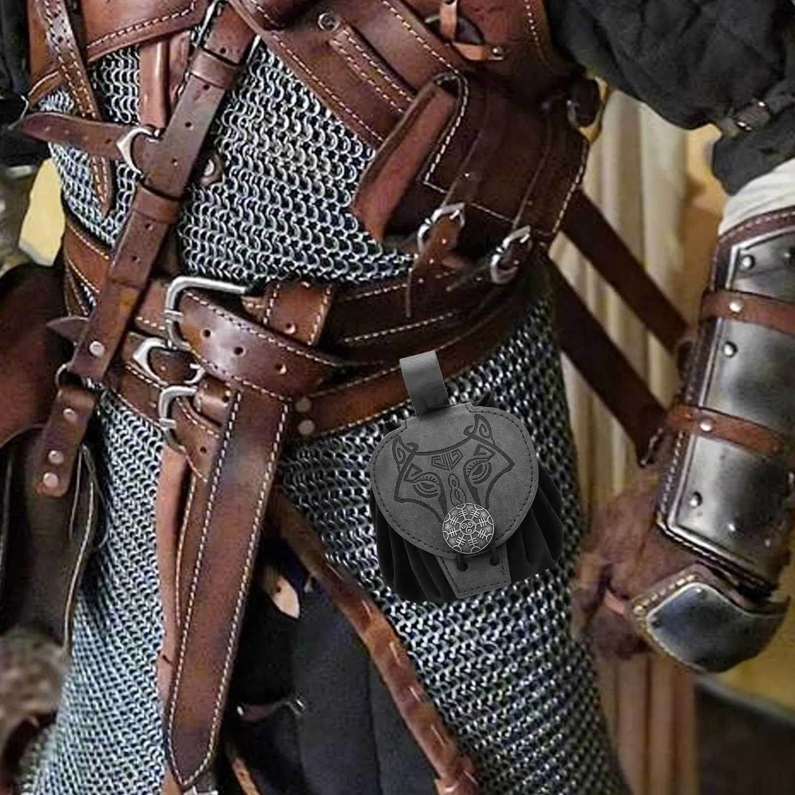 AUNGKWANG Marsupio Medievale in Pelle, Portamonete Portatile per Costumi Rinascimentali e Cosplay (Nero) - immagine 6
