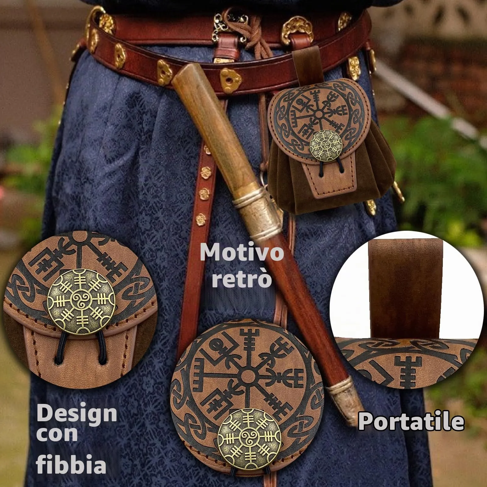AUNGKWANG Marsupio Medievale in Pelle, Portamonete Portatile per Costumi Rinascimentali e Cosplay (Marrone) - immagine 3