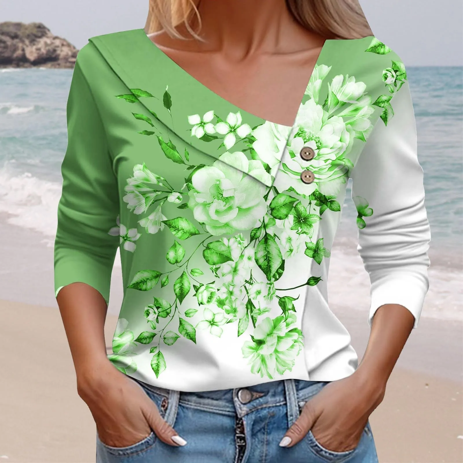 Uwdiohq T-Shirt Stampata Casual a Maniche Lunghe con Scollo a V da Donna - immagine 2