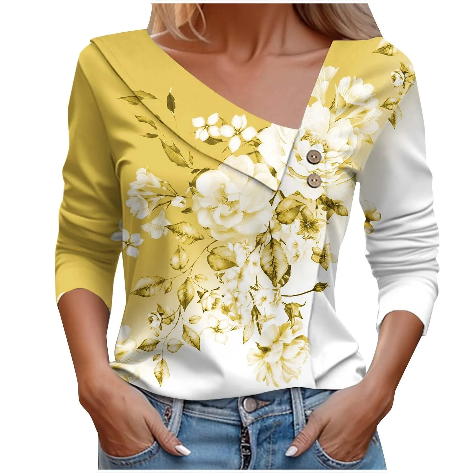 Uwdiohq T-Shirt Stampata Casual a Maniche Lunghe con Scollo a V da Donna - immagine 1