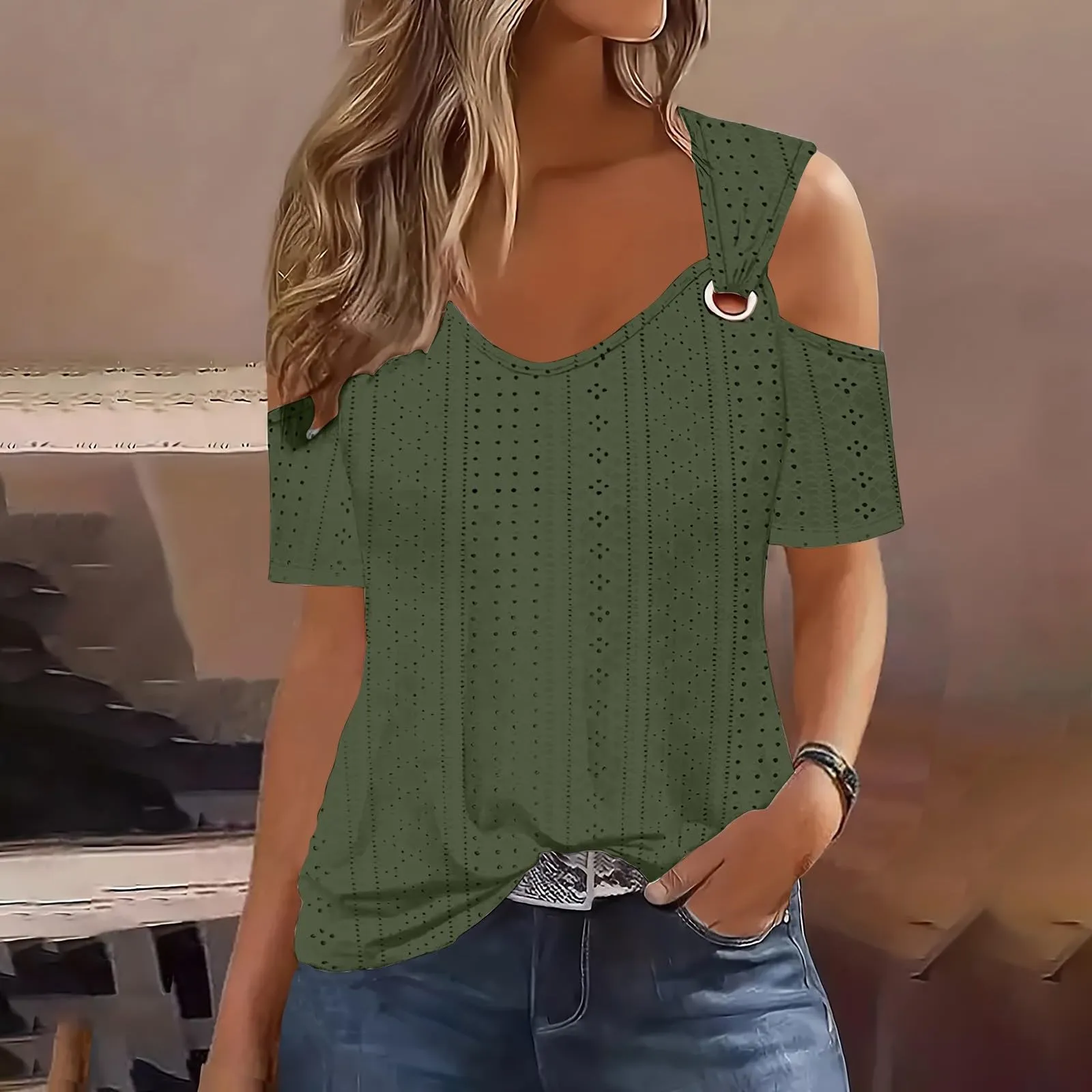 Uwdiohq Blusa Donna Manica Corta Elegante in Cotone, Gialla - immagine 2