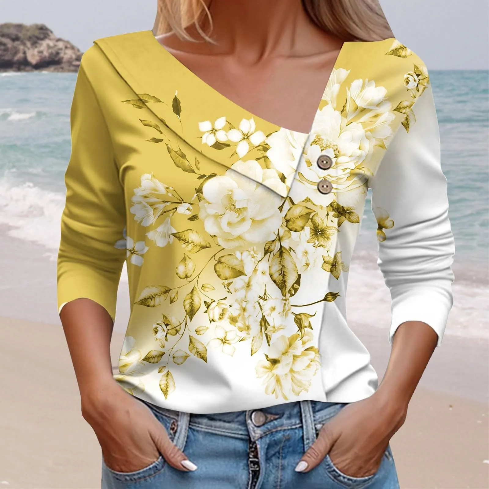 Uwdiohq T-Shirt Stampata Casual a Maniche Lunghe con Scollo a V da Donna - immagine 2