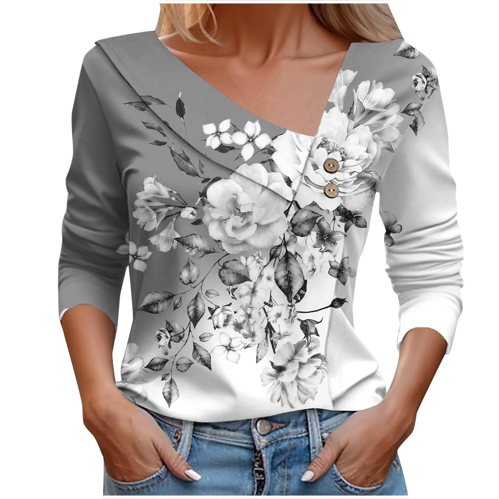 Uwdiohq T-Shirt Stampata Casual a Maniche Lunghe Scollo a V da Donna - immagine 1