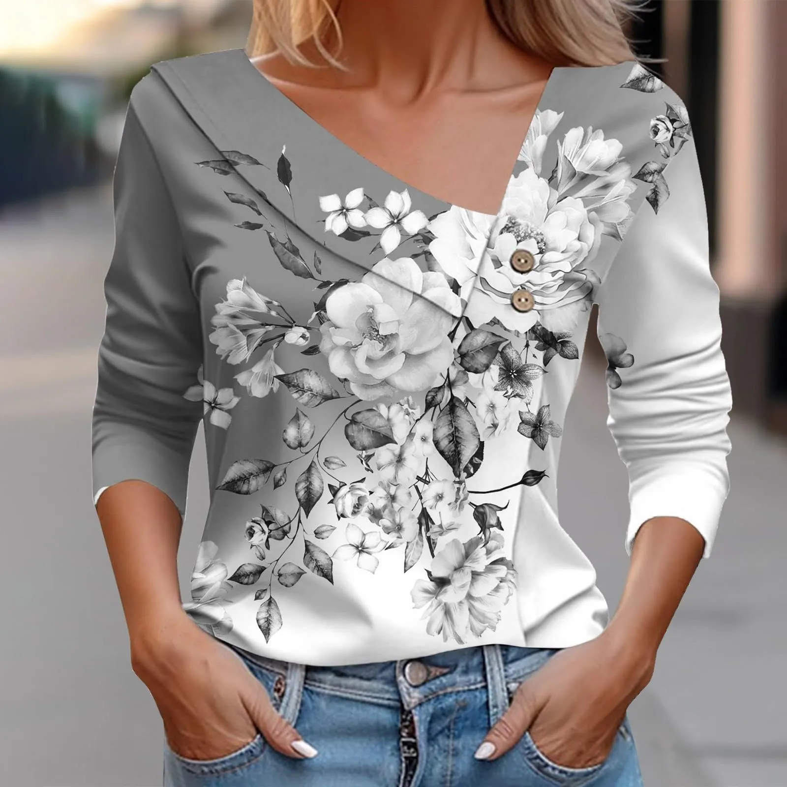 Uwdiohq T-Shirt Stampata Casual a Maniche Lunghe Scollo a V da Donna - immagine 3