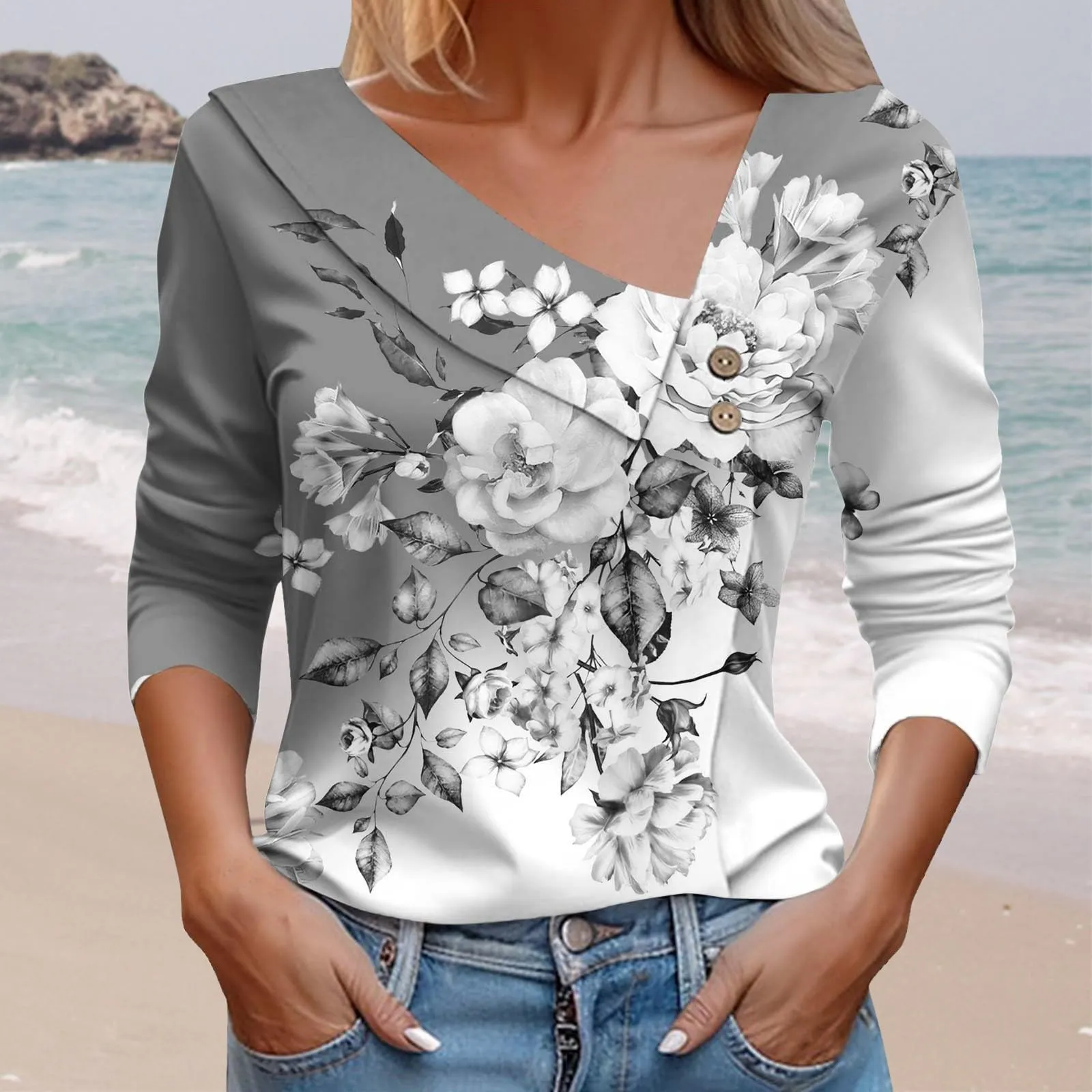 Uwdiohq T-Shirt Stampata Casual Donna Maniche Lunghe Scollo V Primavera Estate - immagine 2