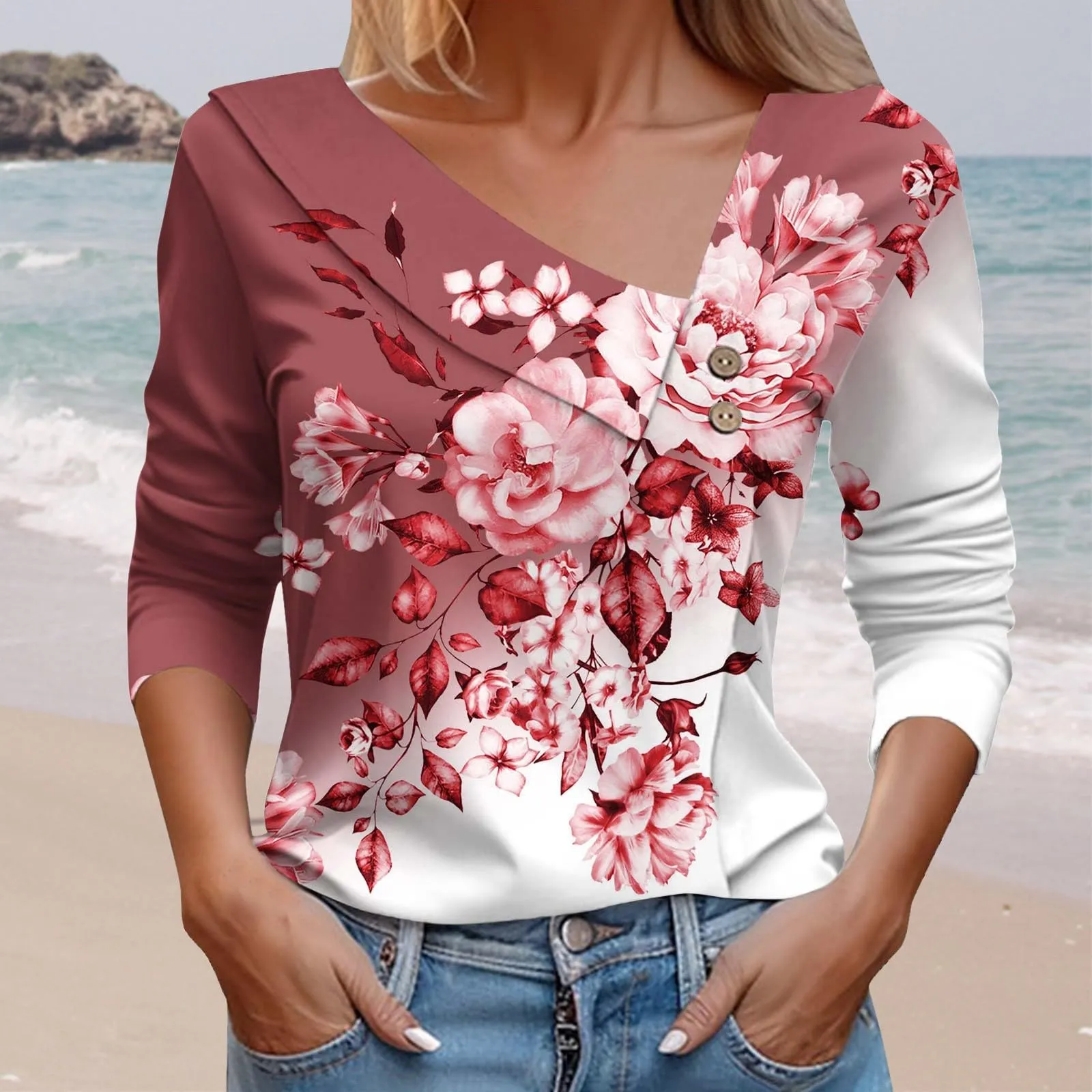 Uwdiohq T-Shirt Stampata Casual a Maniche Lunghe con Scollo a V per Donna - immagine 2