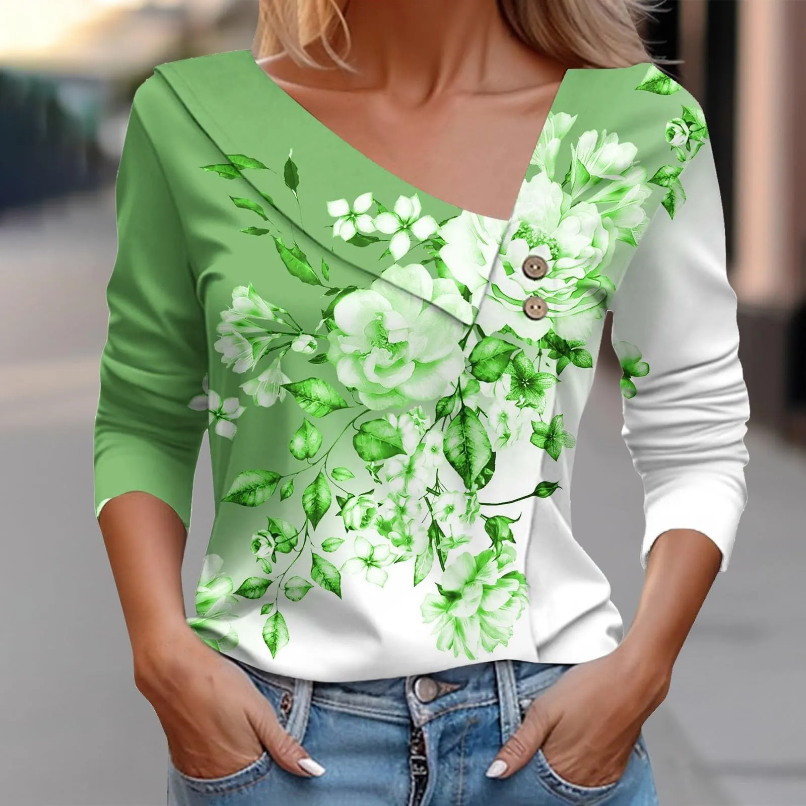 Uwdiohq T-Shirt Casual a Maniche Lunghe con Scollo a V per Donna Primavera/Estate - immagine 3