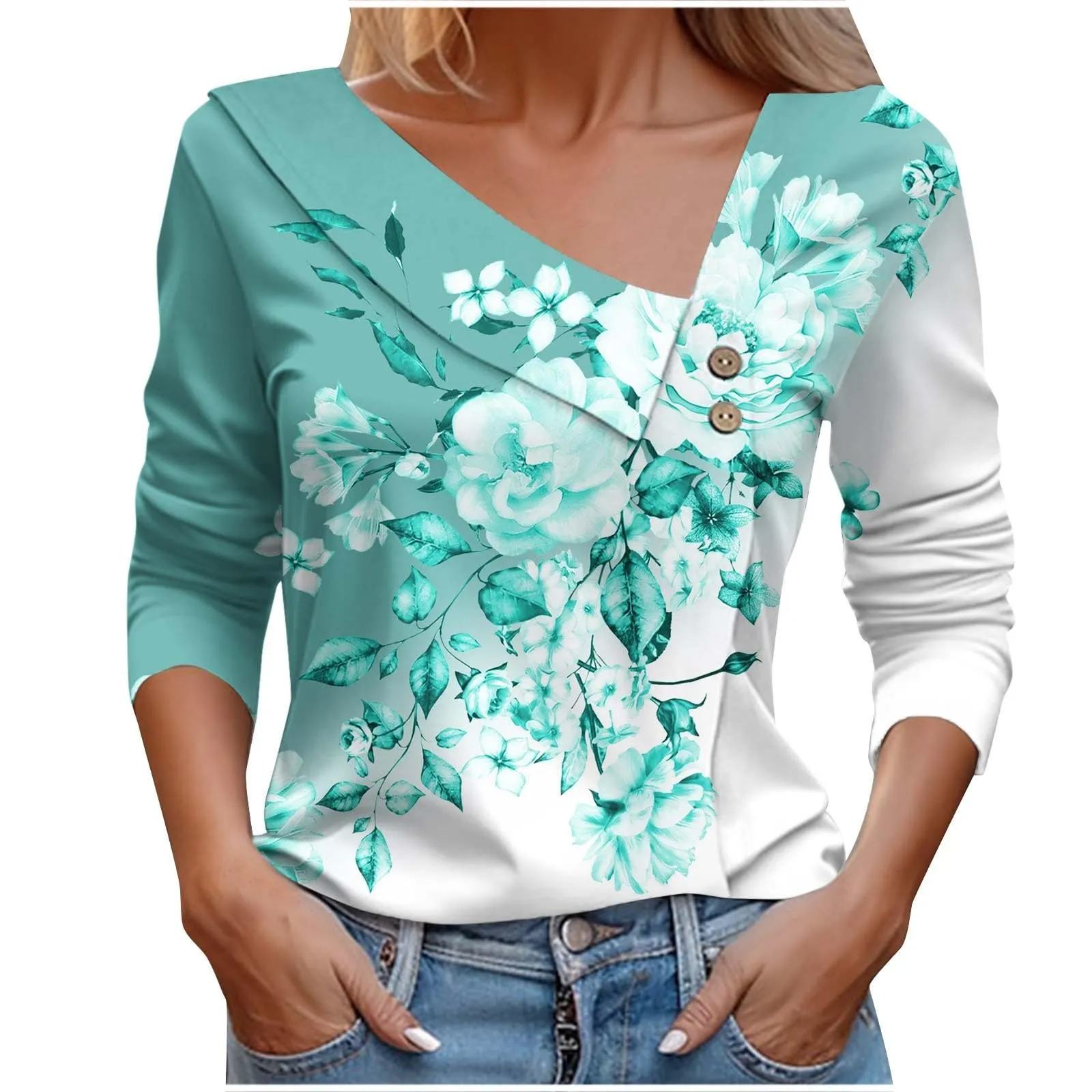 Uwdiohq T-Shirt Stampata Casual a Maniche Lunghe con Scollo a V Donna Primavera/Estate - immagine 1