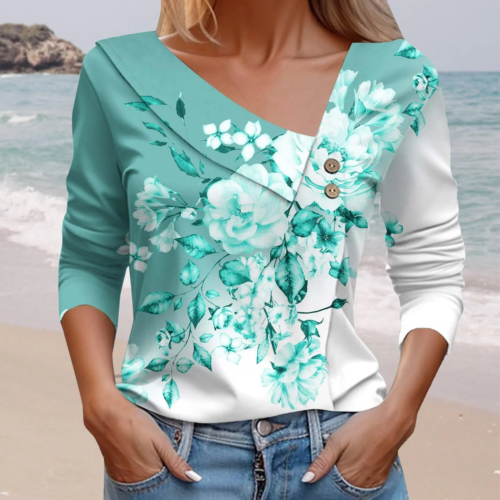 Uwdiohq T-Shirt Stampata Casual a Maniche Lunghe con Scollo a V Donna Primavera/Estate - immagine 2