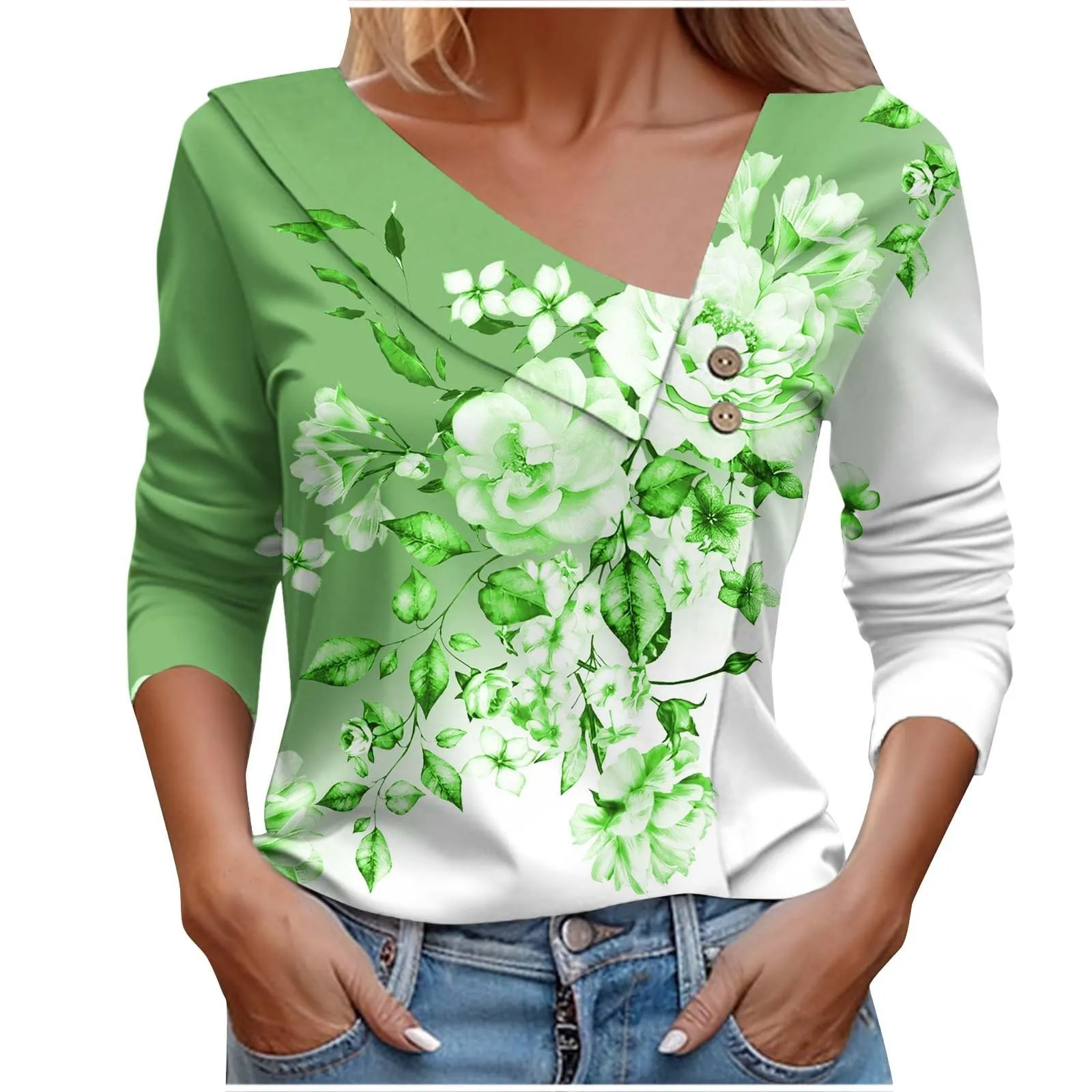 Uwdiohq T-Shirt Stampata Casual a Maniche Lunghe con Scollo a V da Donna - immagine 1