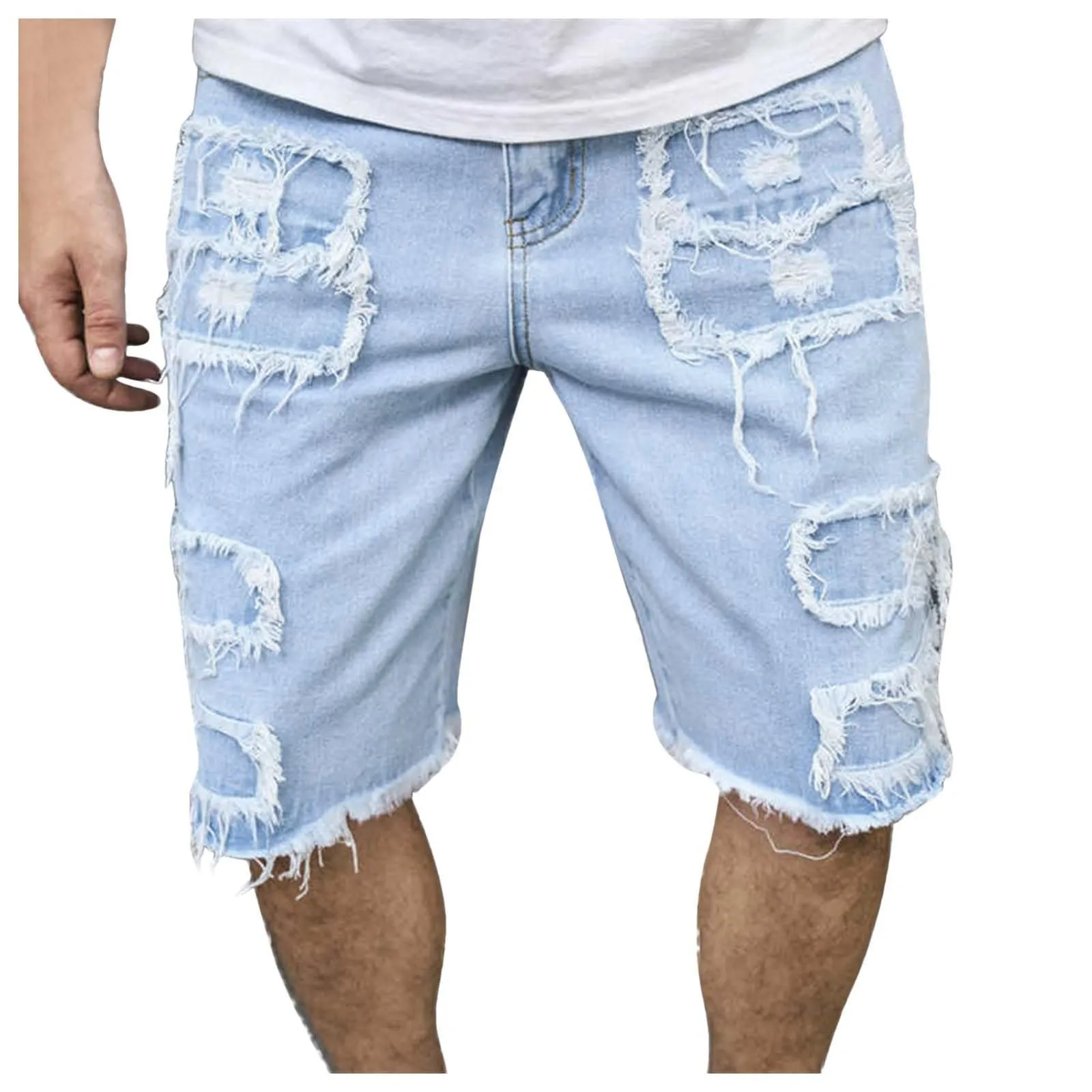 Pantaloni Corti da Uomo in Denim Slim Fit Strappati con Ricami Streetwear Y2k e Schizzi di Vernice - immagine 1